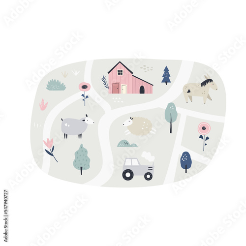 Cute rural scene with barn, tractor, funny animals, plants