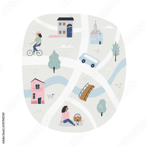 Cute city map with streets, parks, people, colorful houses