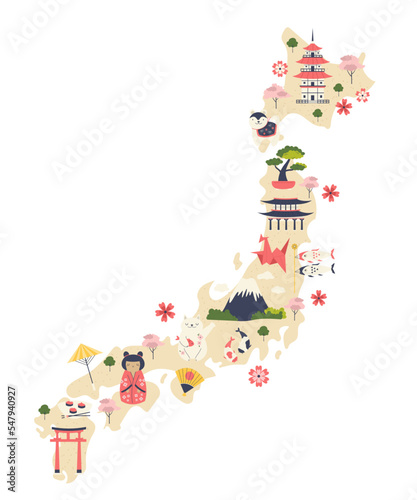 Illustrated map of Japan with famous symbols and landmarks