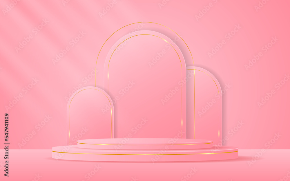 Pink podium with pink curved border and gold lines on the back for product presentation. Cosmetic product display. vector illustration
