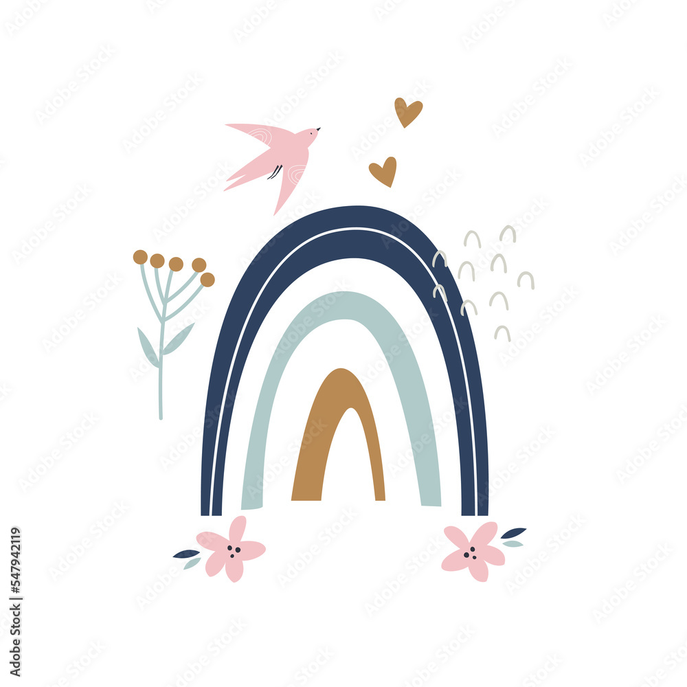 Cute composition with hand drawn rainbow, bird and textured elements Cute composition with hand drawn rainbow, bird and textured elements