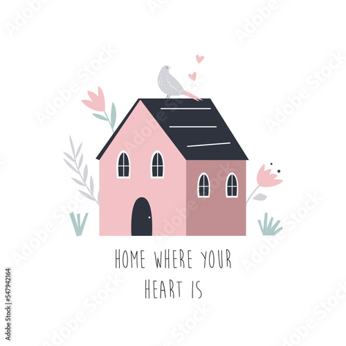 Cute composition with pink hand drawn house and floral elements