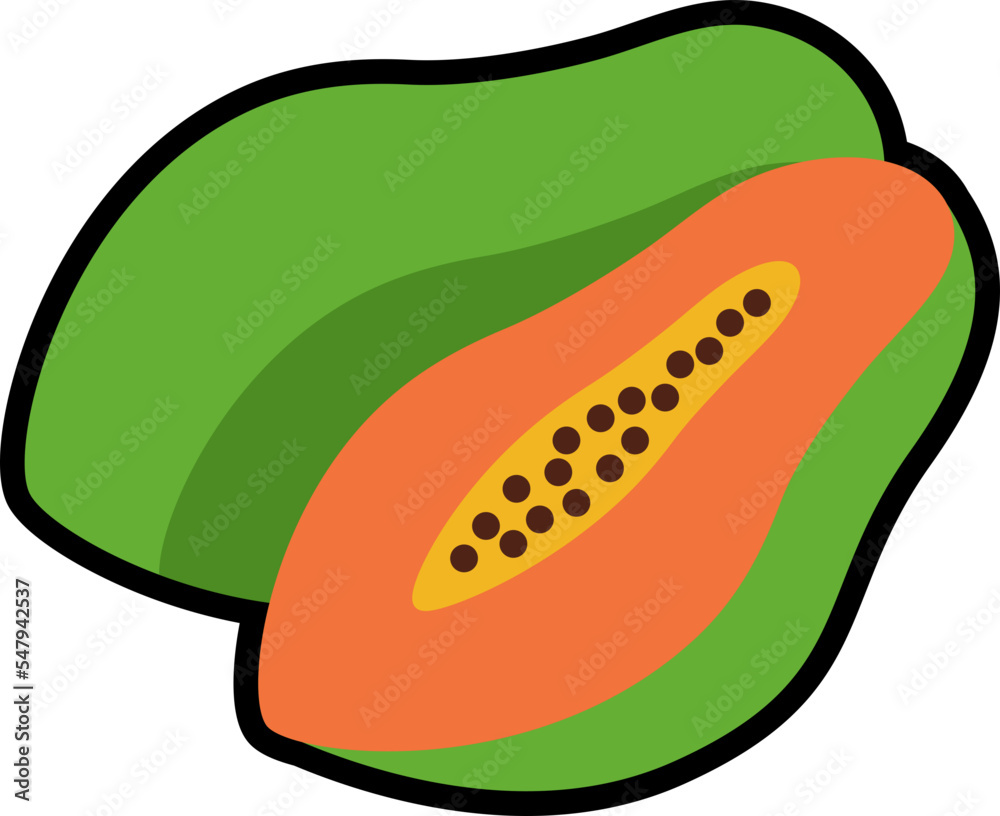 Papaya with half cut colorful with black stroke Papaya with half cut colorful with black stroke