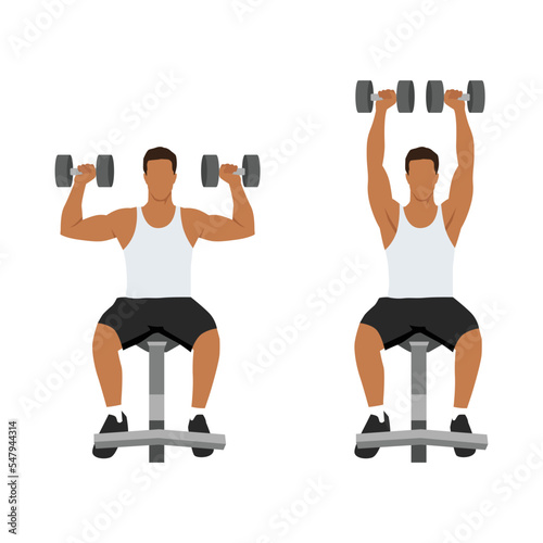 Man doing Seated Dumbbell overhead shoulder press . Top body workout. Upper body exercises. Flat vector illustration isolated on white background