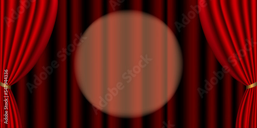 Opening stage curtains with bright projector. Concert, show, performance, standup show.  Vector illustration.
