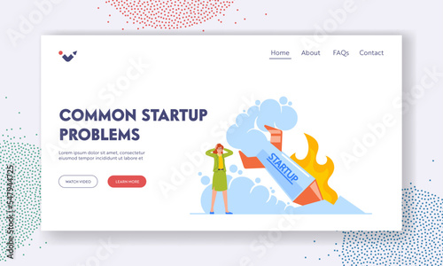 Startup Crash, Business Failure Management Landing Page Template. Businesswoman Stand at Fallen Rocket Illustration