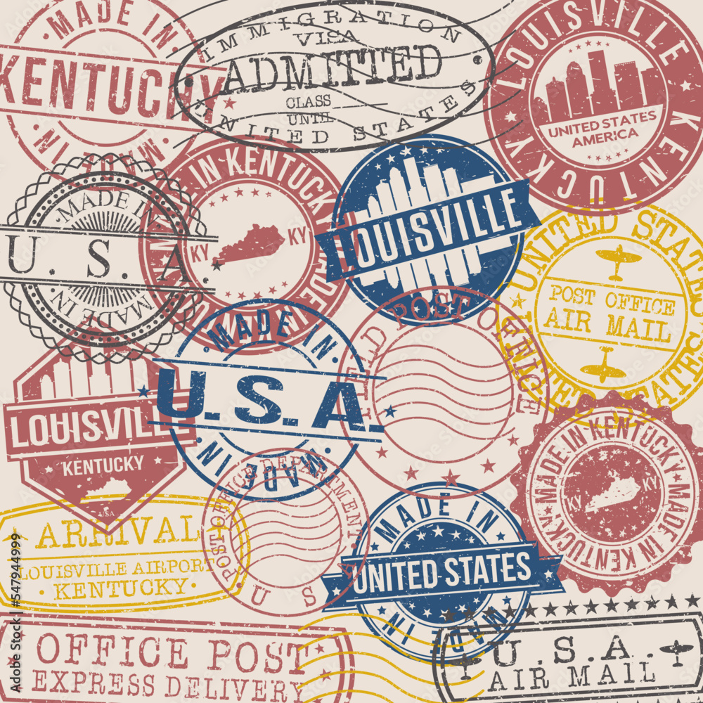 Louisville, KY, USA Set of Stamps. Travel Stamp. Made In Product. Design Seals Old Style Insignia.
