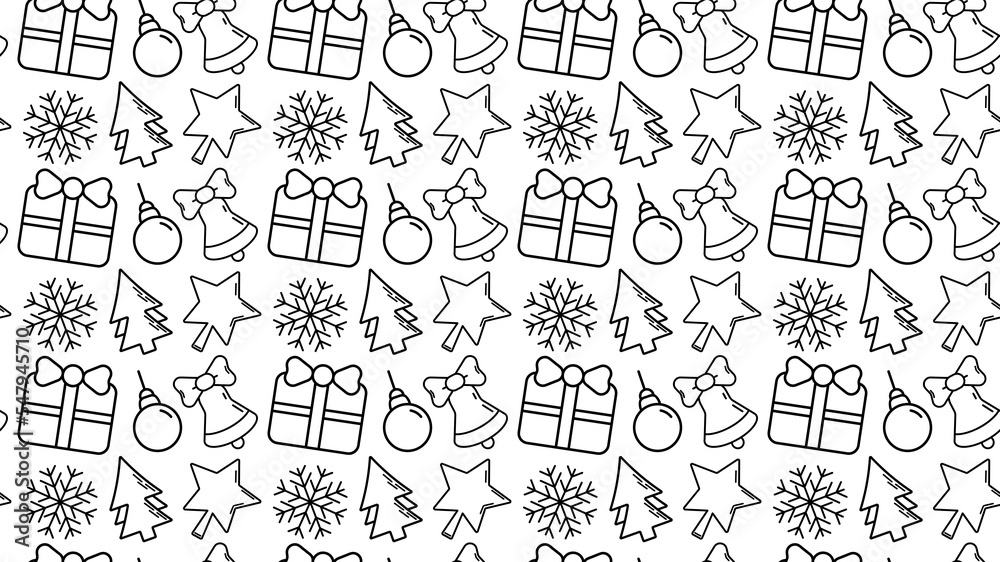 Christmas and New Year pattern. Minimalistic icons, Christmas tree, glass ball, bell, star and snowflake
