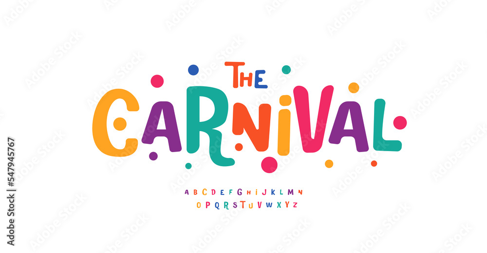 Carnival colorful alphabet, playful letters, funny festival font for bright fiesta logo, mexican headline, birthday and greeting card typography, thank you phrases. Vector typographic design. - obrazy, fototapety, plakaty 
