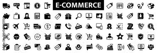 E-Commerce icons set. 70 E-commerce, online shopping and delivery icon. Flat icons collection.