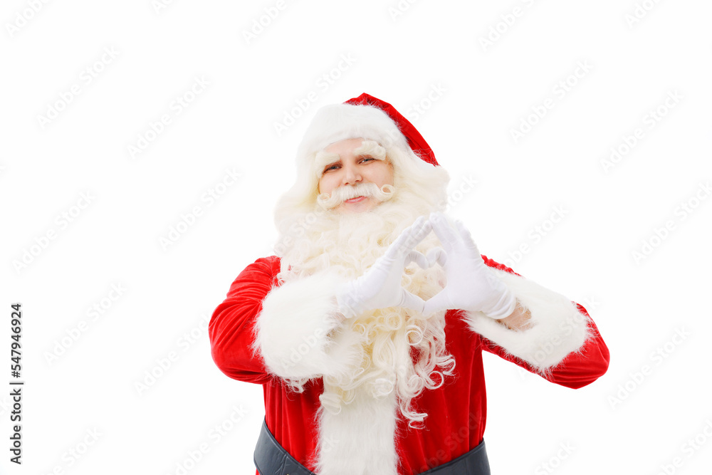 Santa Claus folded a heart from his hands on a white background Christmas.