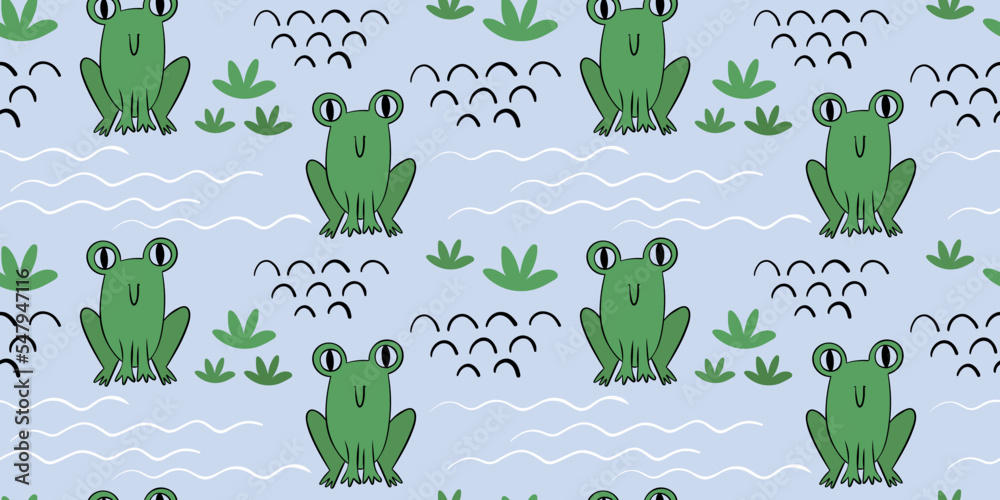 Obraz premium Little green frog on a blue background in doodle style. Minimalist baby print for newborn clothes. Print clothes for baby and baby food. Cute childish seamless pattern with frogs.