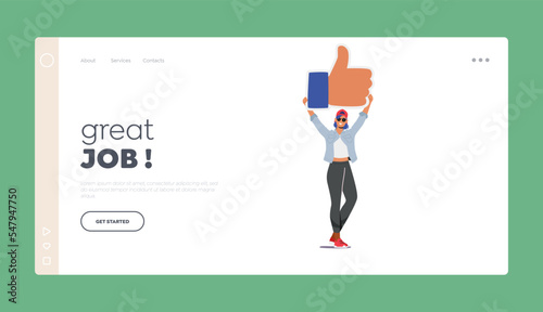 Great Job Landing Page Template. Stylish Girl Holding Huge Thumb Up Like Icon. Female Follower Character Gives Like