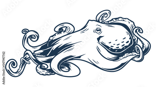 Ocean octopus detailed monochrome label