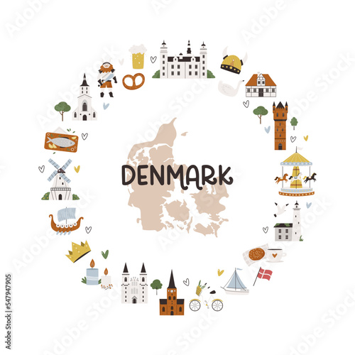 Circle decoration, emblem with famous symbols and landmarks of Denmark