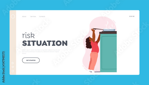 Kid In A Dangerous Situation Landing Page Template. Little Child Try to Reach Out Hot Pan on Oven At Home Illustration