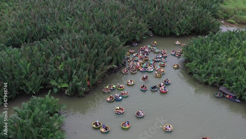 COCONUT VILLAGE ECO TOUR IN HOI AN VIETNAM WITH BAMBOO BASKET BOATS ON THU BON RIVER, AERIAL VIEW OF CAM THANH VILLAGE