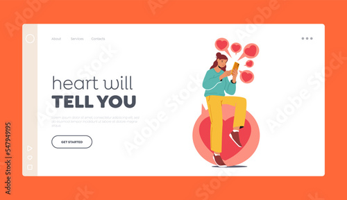 Girl with Smartphone Looking For Couple Landing Page Template. Young Female Character Giving Likes in Social Media