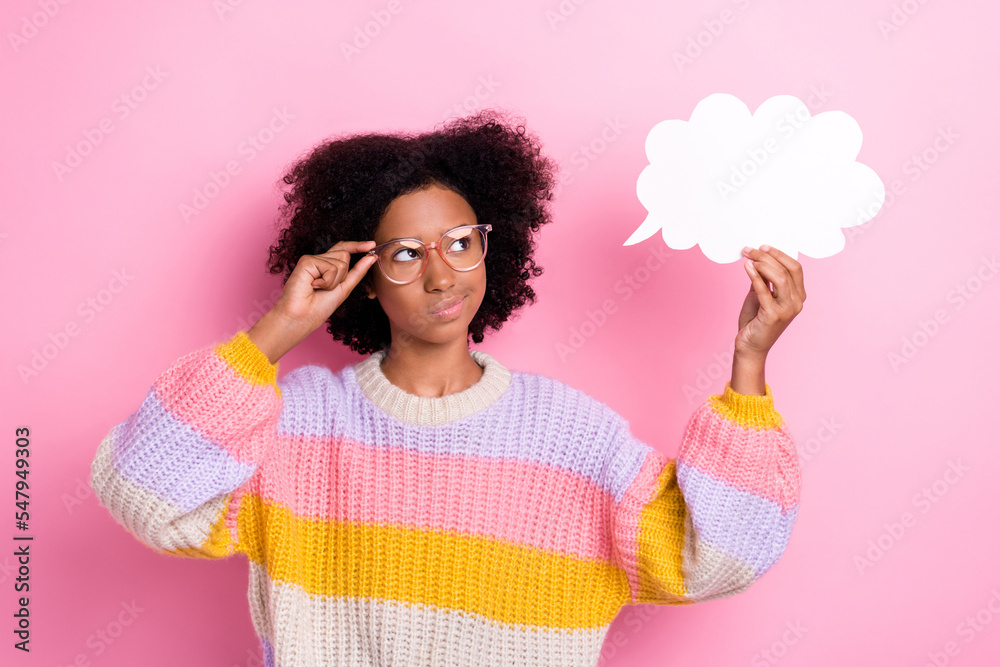 Photo of young funny beautiful chevelure hair girl wear knit pullover touch glasses minded brainstorming paper cloud isolated on pink color background