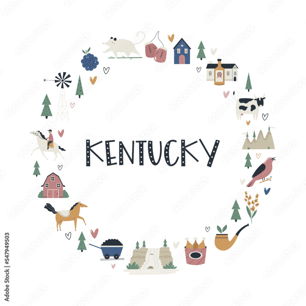 Kentucky map state with landmarks and symbols. Kentucky map state with landmarks and symbols.