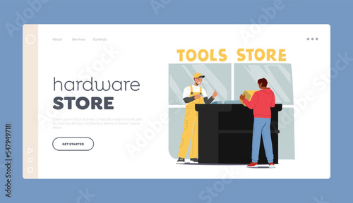 Hardware Shop Landing Page Template. Male Character Buying Tools and Instruments in Construction Store Illustration