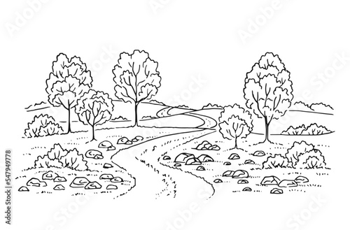 Rural landscape with road and tree. Hand drawn illustration converted to vector.