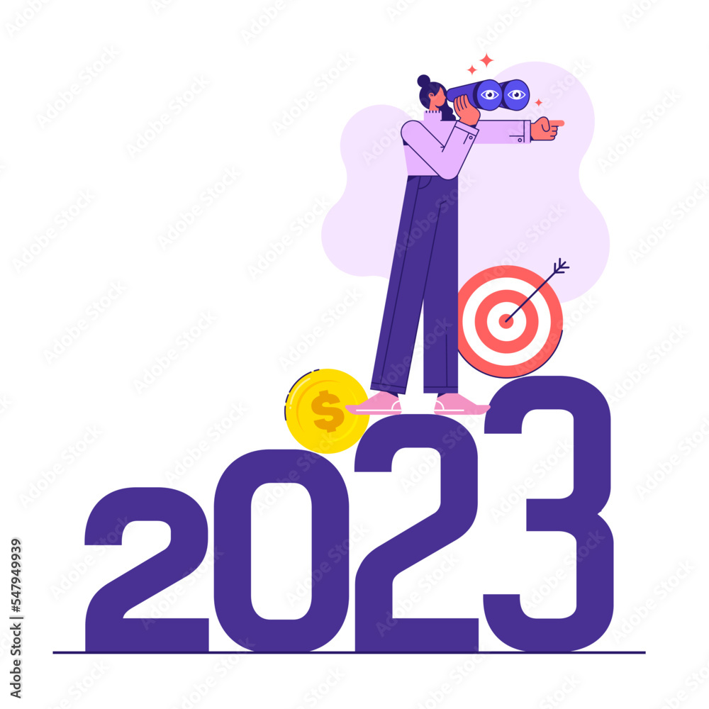 Concept of seeing business opportunities and targets or goals. Economic prospects in 2023. Visionary sees the future. Businesswoman leader using telescope to see vision on top of 2023 number Concept of seeing business opportunities and targets or goals. Economic prospects in 2023. Visionary sees the future. Businesswoman leader using telescope to see vision on top of 2023 number