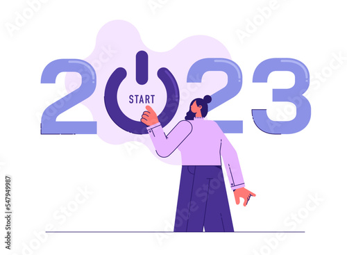 New business or launch start up company in 2023 concept, Improvement, change management, woman pushing start button to start up new business in 2023