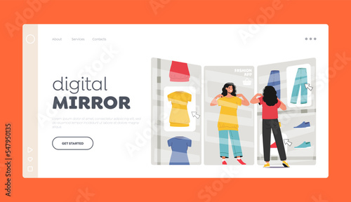 Digital Mirror Landing Page Template. New Fashion Technologies, Female Character In Internet Store, Online Shopping