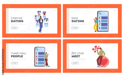 Characters use Dating App Landing Page Template Set. People Match in Social Media. Online Dating Application