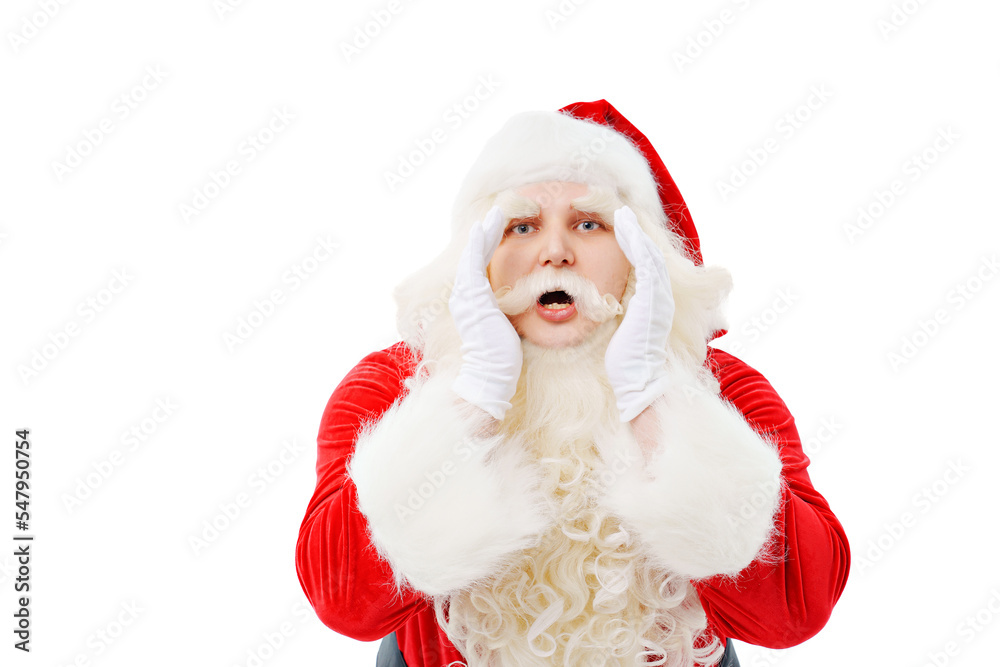 Santa Claus says with hands at the face on a white background Christmas.