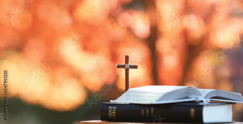 Red maple leaves and autumn trees in forest and Holy cross of Jesus Christ and bible book on table
 photo