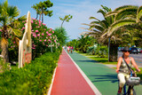 Droga rowerowa wśród zieleni palm i kolorowych kwiatów w Kurortowym miejscu we Włoszech