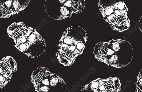 Graphical vector pattern with human skulls on black background, wallpaper , fossils cover