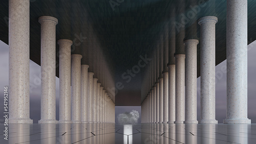 Empty corridor interior. An empty hall with marble columns. 3D illustration