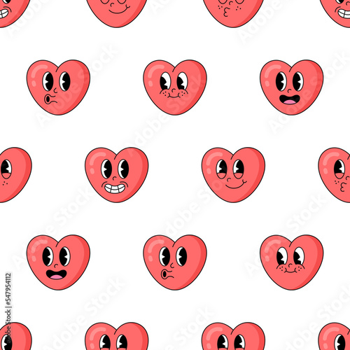 Seamless pattern with retro heart character. Heart character with different emotions old cartoon style.