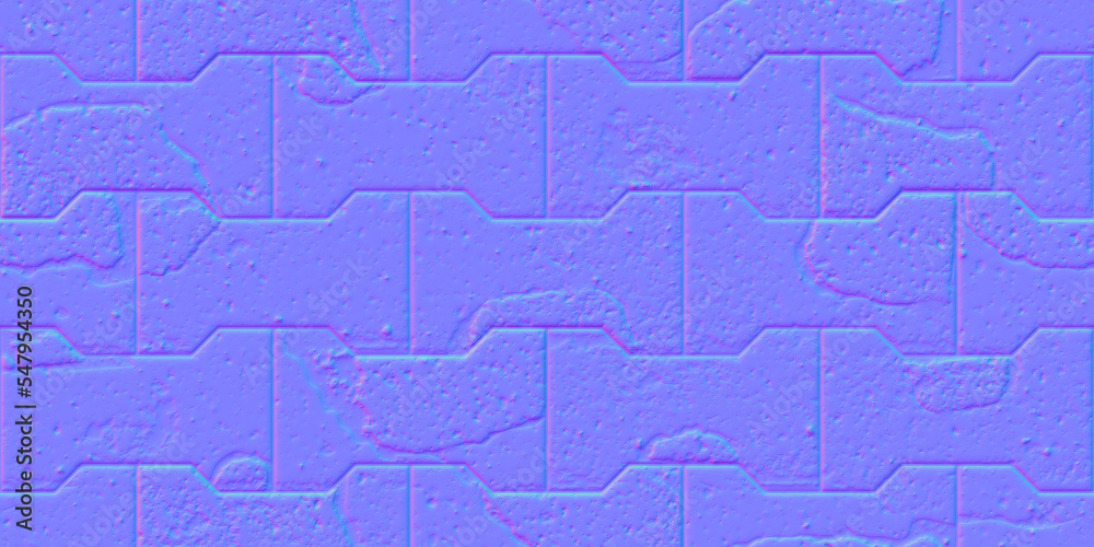 Normal map of pavement seamless pattern with dumble interlocking textured cracked old bricks. Bump mapping of pathway texture top view. Outdoor slab sidewalk. Floor 3d rendering shader illustration