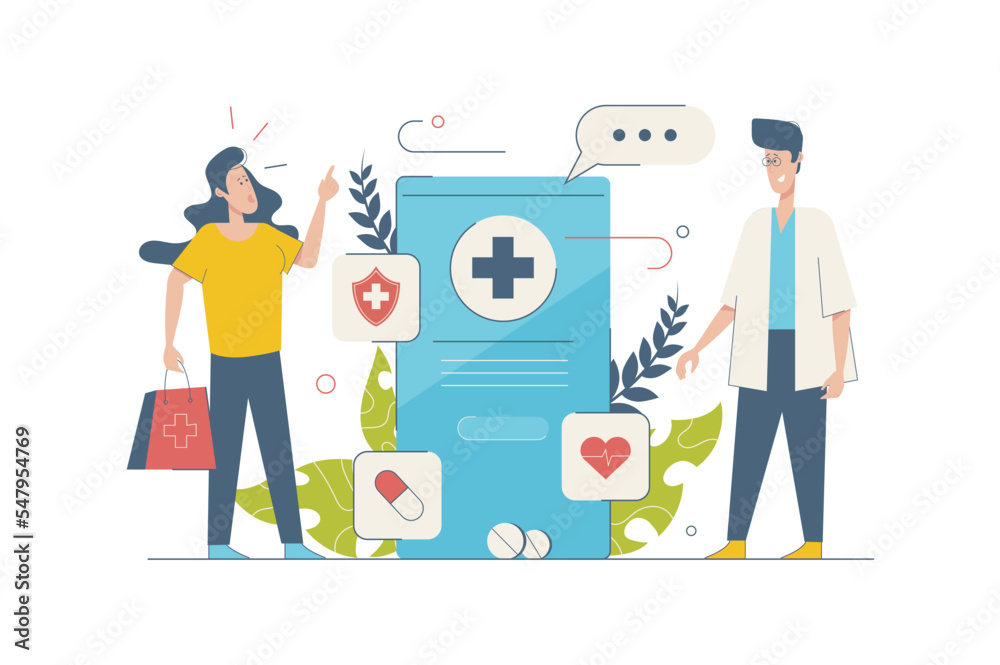 Online pharmacy concept with people scene in flat cartoon design. Woman consults with pharmacist and orders medicines online using mobile app. Vector illustration with character situation for web Online pharmacy concept with people scene in flat cartoon design. Woman consults with pharmacist and orders medicines online using mobile app. Vector illustration with character situation for web