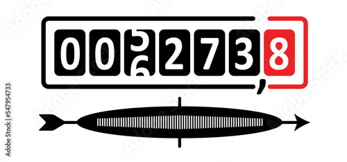 Cartoon gas or electricity meter counter. Technology electrical energy icon, counter for distribution domestic current. m3 or kWh sign. Measure consumption, control of electric price. Bill, monitor.
