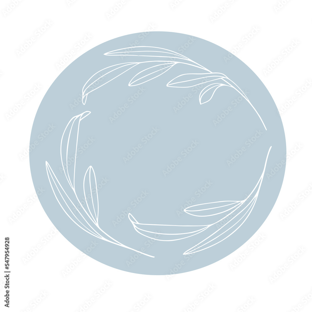 White Thin sprigs in blue circle on white background. Wildflowers elegant wedding logo. Eucaliptus leaves frame White Thin sprigs in blue circle on white background. Wildflowers elegant wedding logo. Eucaliptus leaves frame