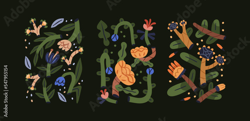 Modern abstract flowers compositions. Contemporary botanical art. Trendy fair...