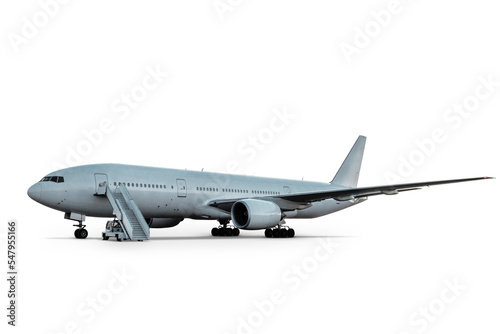 White wide body passenger airliner with boarding stairs isolated on transparent background