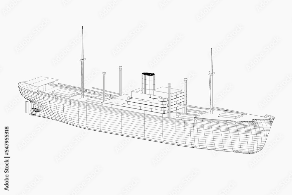 3D illustration. Wire of historical general cargo motor ship