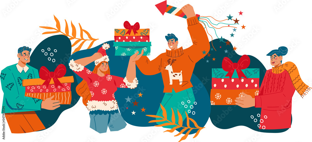 New Year and Christmas party or bash. Happy people celebrating Christmas party and dancing, flat vector illustration on background.