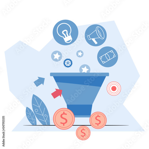 Sales funnel sign or symbol of successful digital marketing business strategy, flat vector illustration isolated on white background.