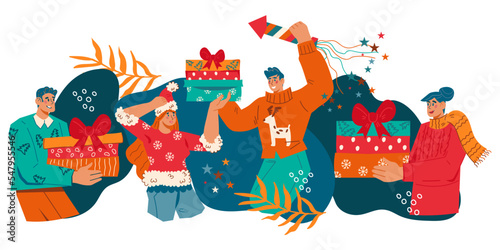 New Year and Christmas party or bash. Happy people celebrating Christmas party and dancing, flat vector illustration on background. Christmas and New Year invitation or banner backdrop.