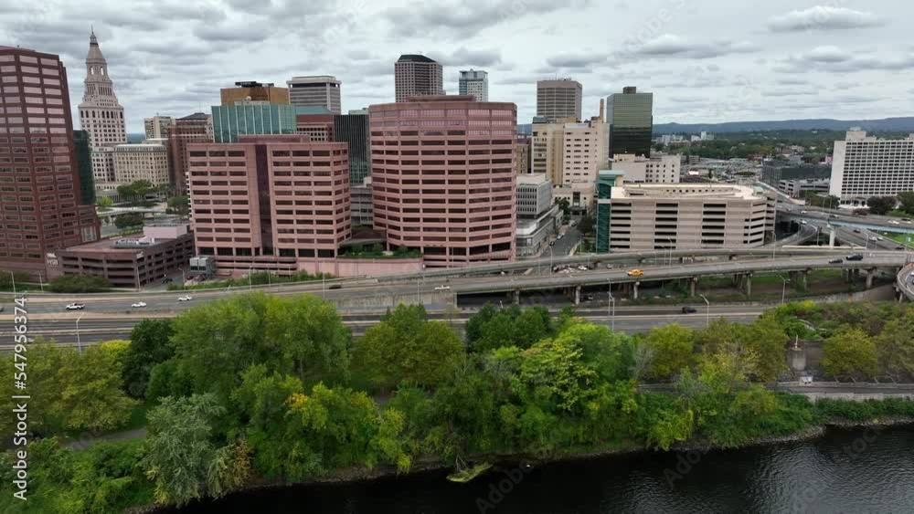 Hartford CT skyline. Connecticut River and downtown financial district. Aerial truck shot. Hartford CT skyline. Connecticut River and downtown financial district. Aerial truck shot.