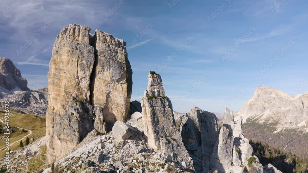 Cinque Torri Mountains in Italian Dolomites, Europe. Aerial Orbiting Shot Cinque Torri Mountains in Italian Dolomites, Europe. Aerial Orbiting Shot