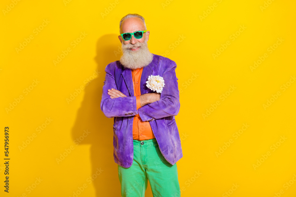 Fototapeta premium Photo of elegant retired grandfather cross arms prepare valentine day event with his wife isolated on bright color background