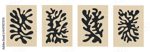 Set of abstract matisse posters, aesthetic modern art, vector minimalist boho illustration, interior decor postcard. Сollection for decoration, creative art, botanical shapes, coral, wallpaper natural